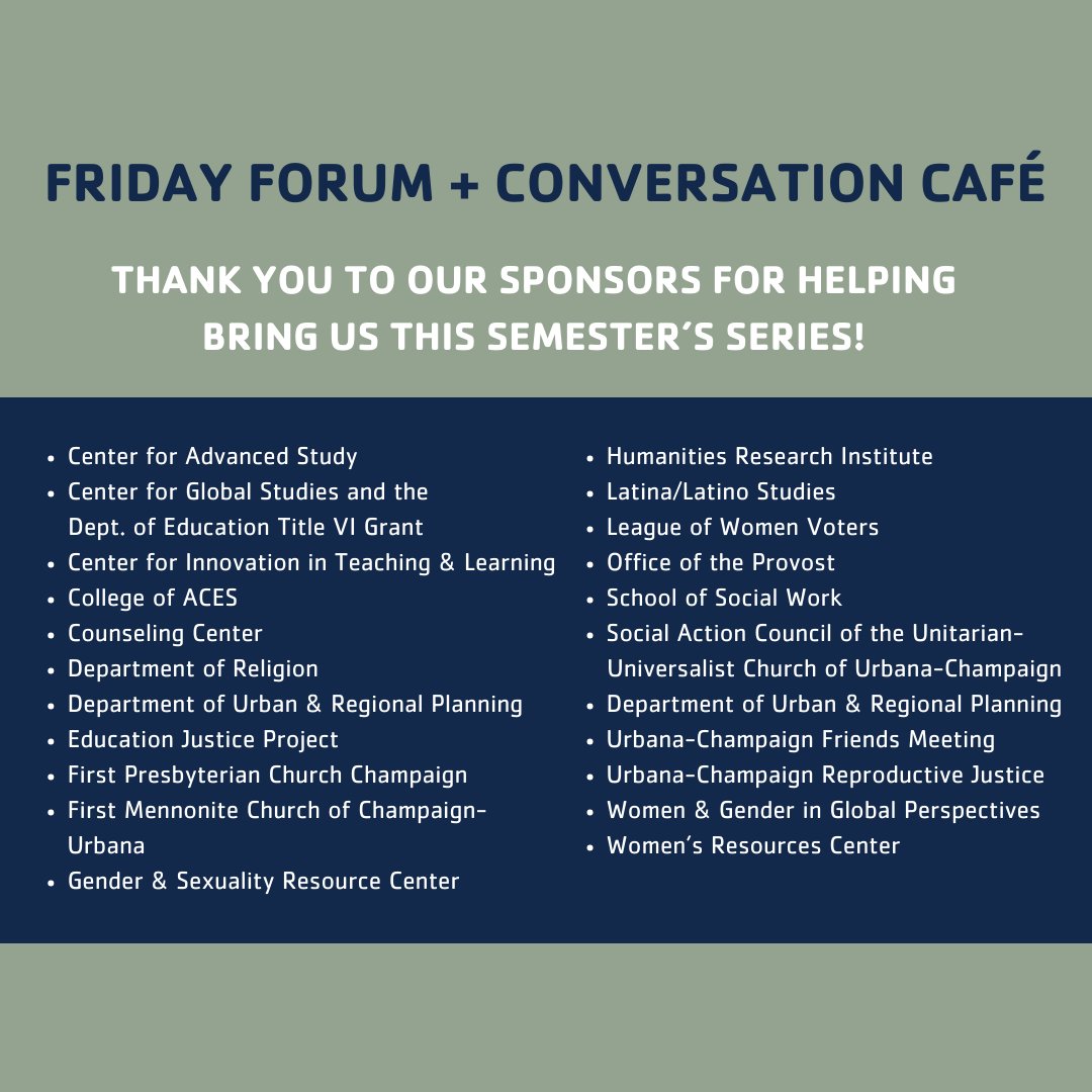 The last Friday Forum + Conversation Café of the semester will be presented by McKenzie Johnson from @IllinoisNRES. Come wrap up Earth Week with us on April 26th at noon!