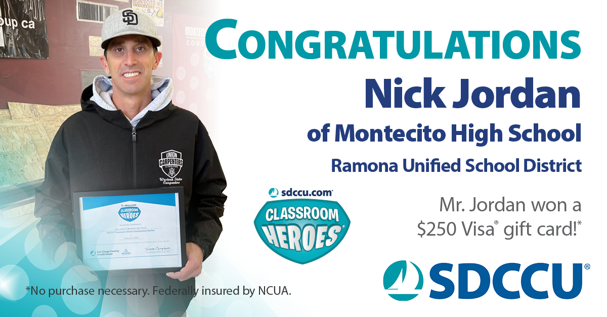 Congratulations to Nick Jordan of #MontecitoHighSchool who was recognized through SDCCU #ClassroomHeroes. Thank you for all your hard work and all you do for your students! Nominate a deserving teacher by visiting sdccu.com/classroomheroes.