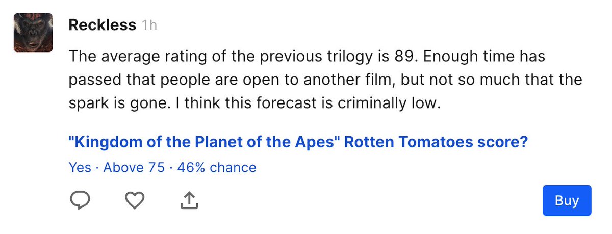 People seem pretty bullish on the 'Kingdom of the Planet of the Apes' movie today