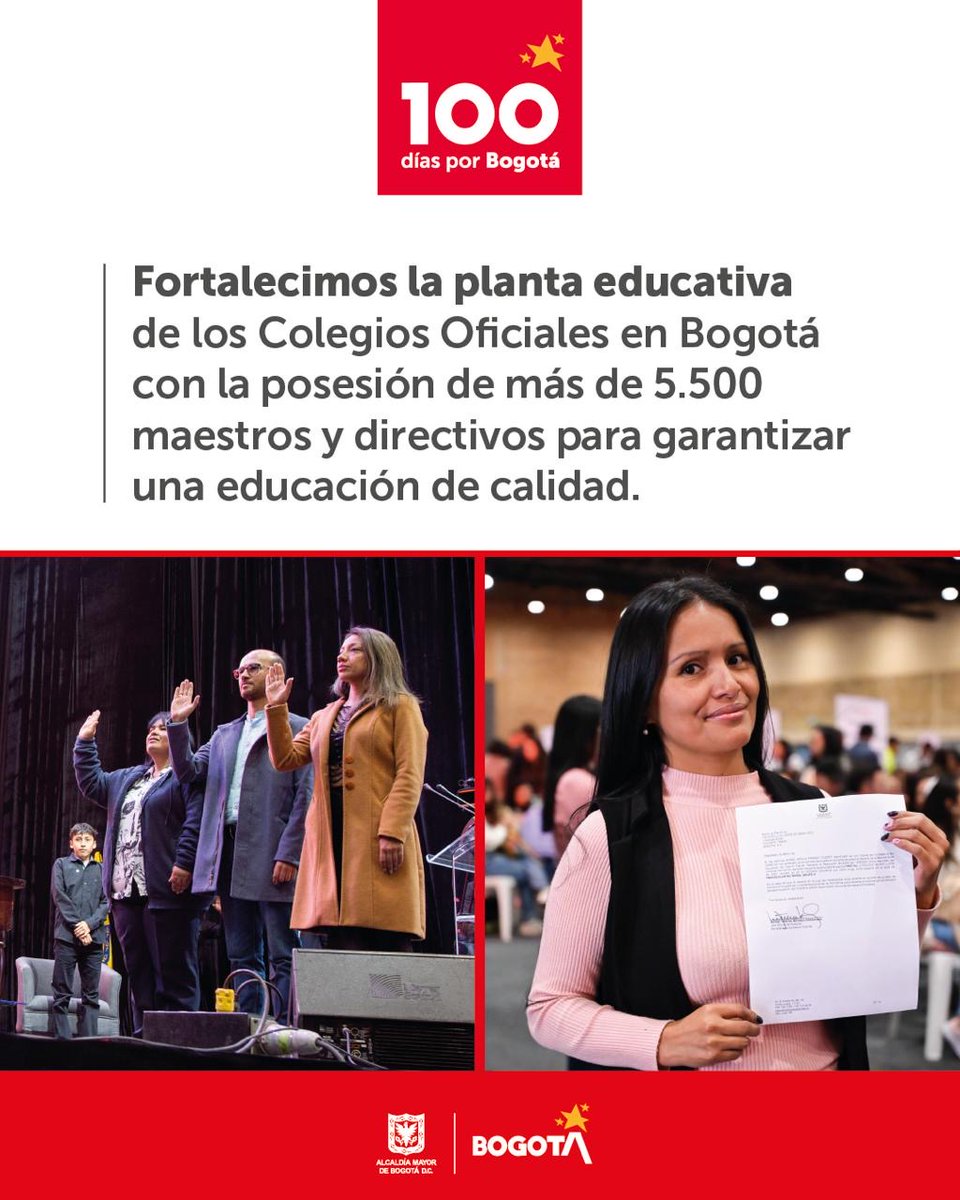 Con más de 5.500 nuevos maestros posesionados, cumplimos la meta de comenzar a fortalecer una planta educativa robusta e interdisciplinar que atienda, con calidad, a las 20 localidades de la ciudad. #100diasporbogota 👇 bit.ly/3PWqhzg