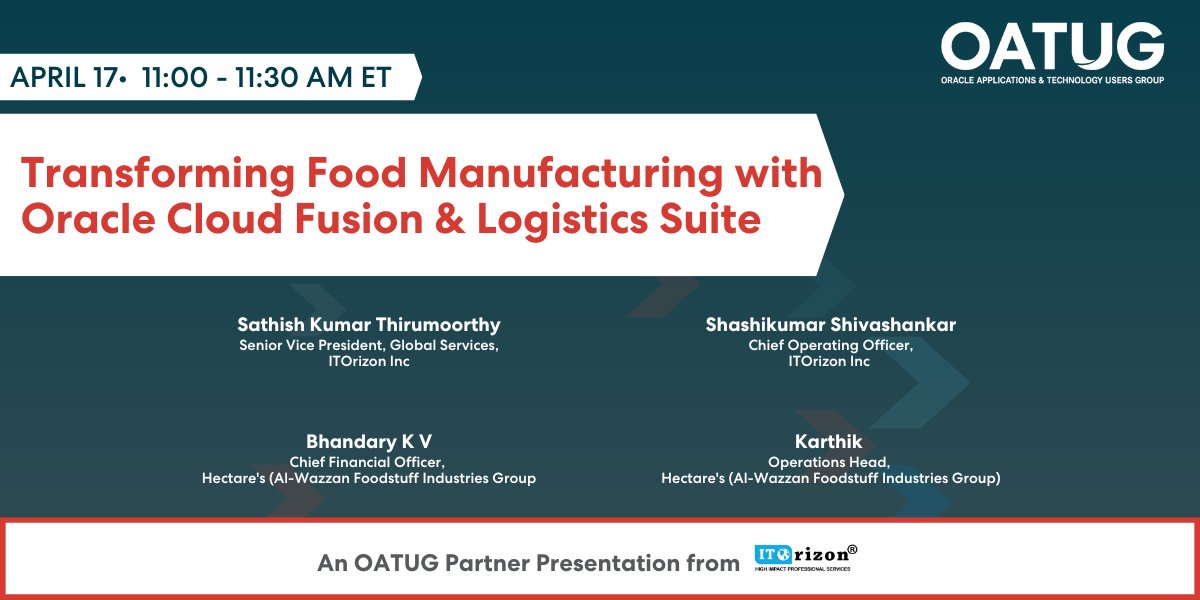 New session from ITOrizon: Transforming Food Manufacturing with #Oracle Cloud Fusion & Logistics Suite, April 17 at 11 am ET. Learn about Hectare's journey with Oracle #Fusion #CloudERP Financials, #CloudSCM & Logistics implementation. Register: ow.ly/KFqC50R9a9S