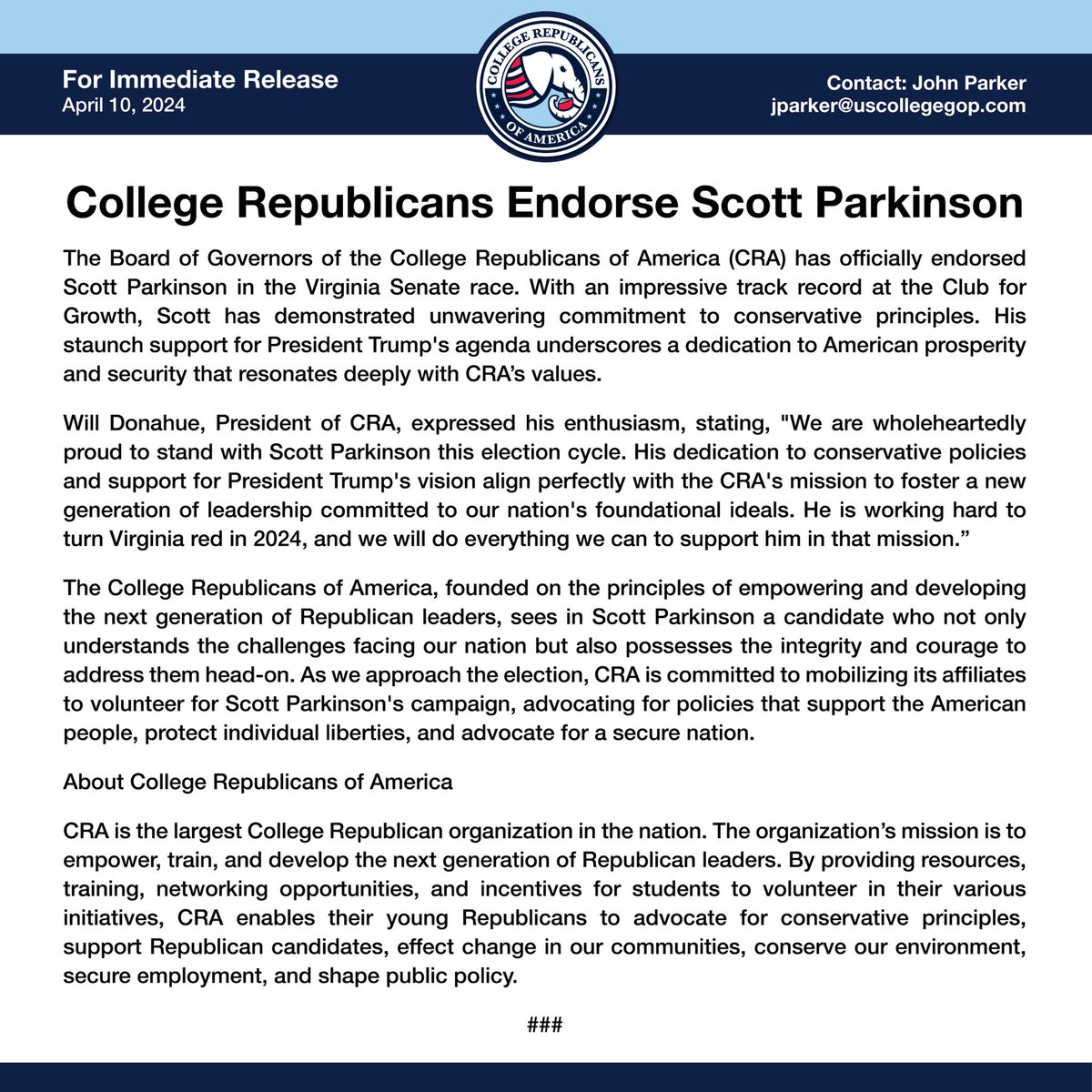 College Republicans of America is thrilled to announce our official endorsement of Scott T. Parkinson for U.S Senate in Virginia. We look forward to seeing @ScottTParkinson defeat Tim Kaine and take conservative values into to the U.S Senate this year.