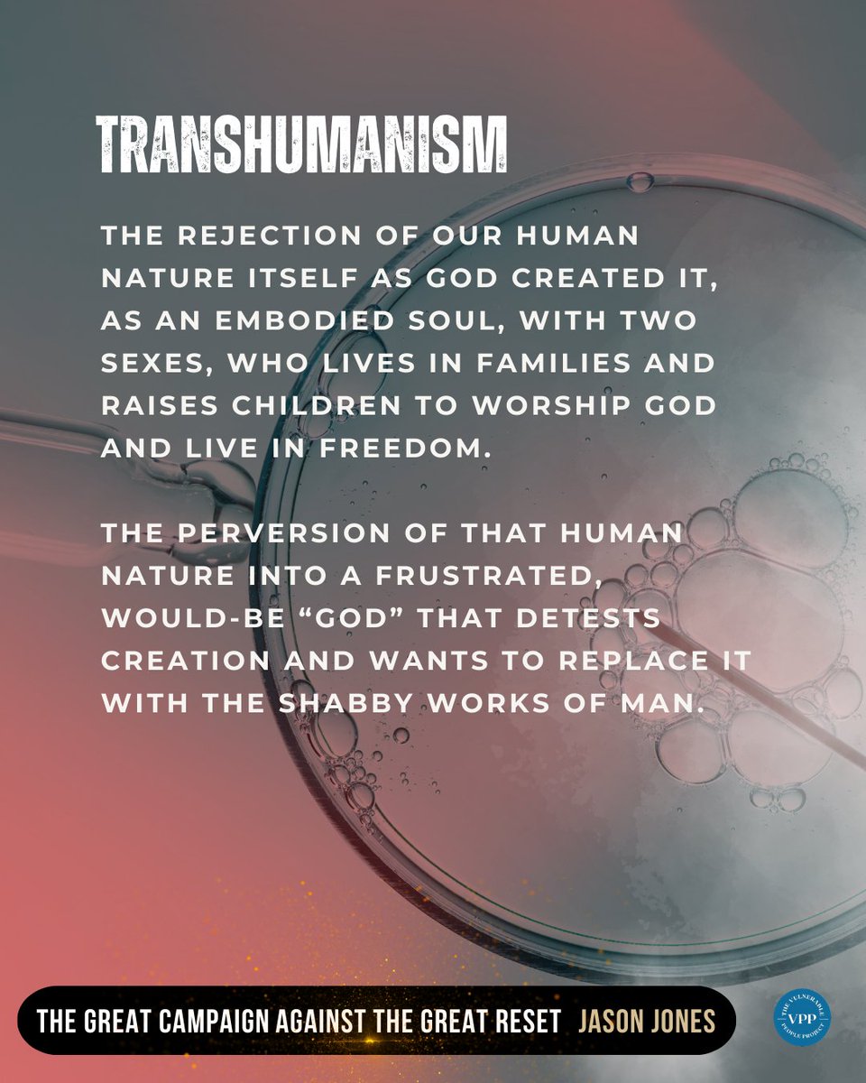 #Transhumanism: The rejection of our #human nature itself as #God created it, as an embodied soul, with two sexes, who lives in families and raises children to worship God and live in freedom. The perversion of that human nature into a frustrated, would-be “god” that detests…