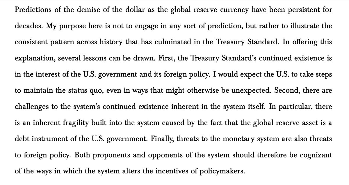 Superb paper by @RebelEconProf on the history of our current global monetary order, the Treasury Standard He argues, contra the orthodoxy, that the 'Treasury Standard is the direct result of U.S. policymakers’ desire for the U.S. to maintain global hegemonic power, especially in…