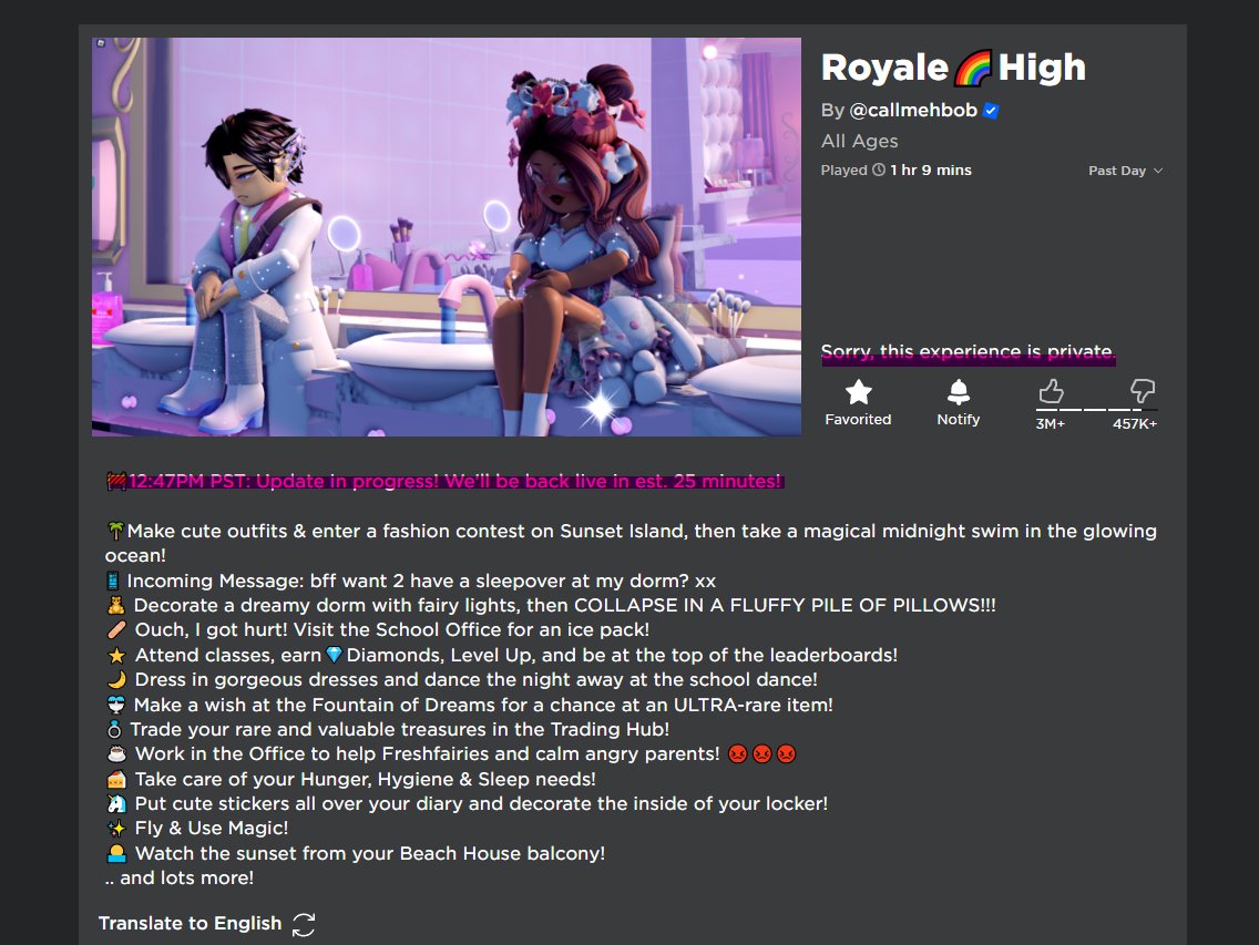 Royale High is now private and a new update will be out in some minutes! 🏰💗 #royalehigh #RH