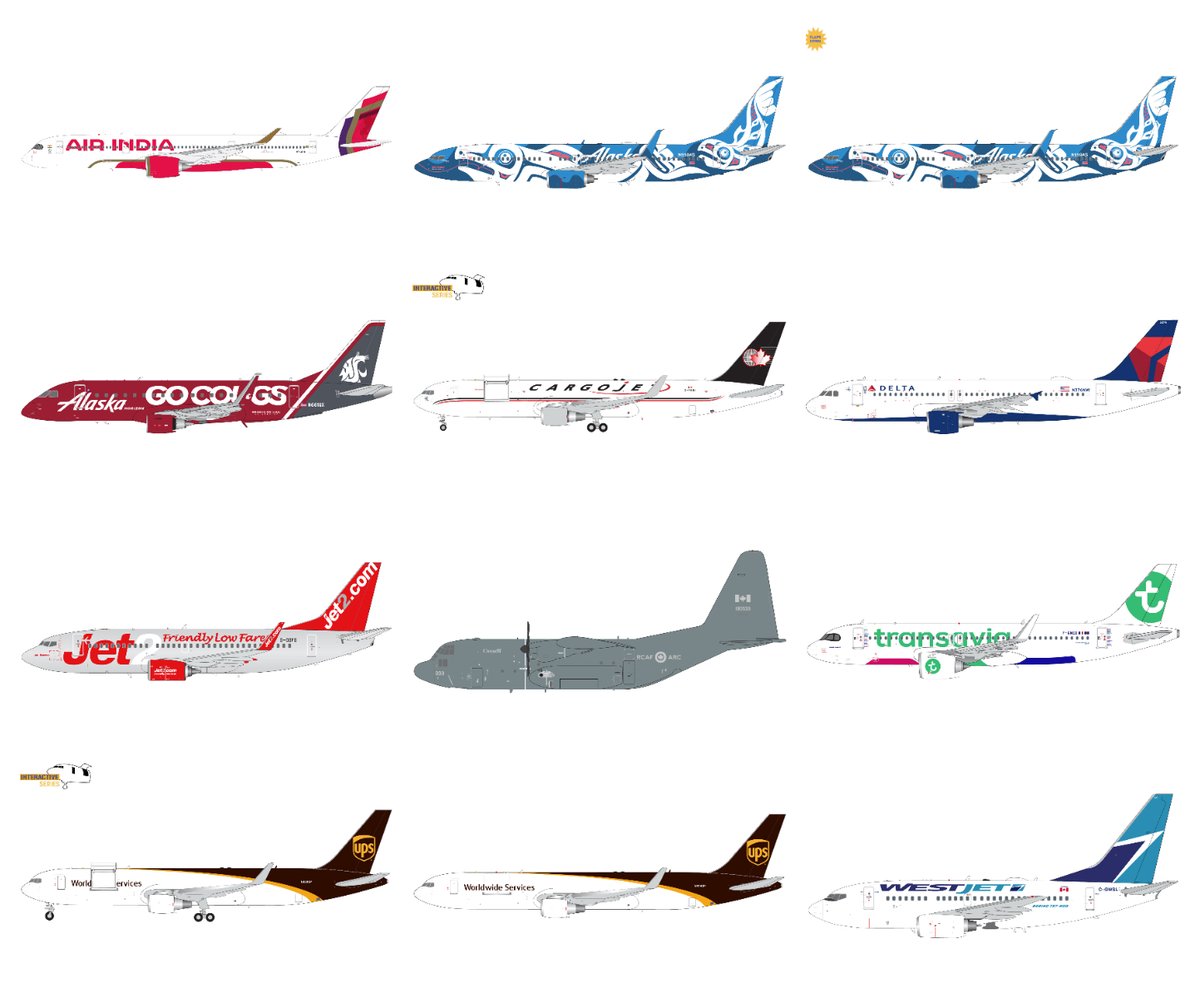 TAKEOFF! Gemini200 1:200 April: Air India A350, Alaska Airlines 737-800 'Salmon People' & E175 'Go Cougs,' Cargojet 767-300F (Interactive), Delta A320, Jet2 737-800, Royal Canadian Air Force CC-130, Transavia Airlines A320neo, UPS 767-300F (Interactive & reg.), WestJet 737-600.