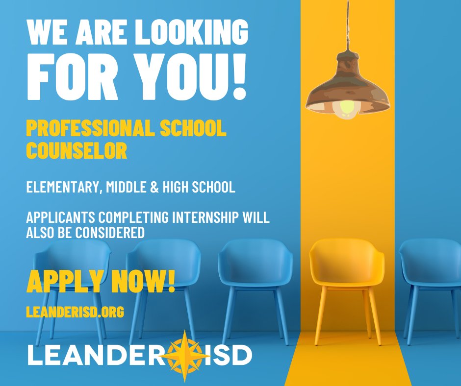 📣@LISDcareers is looking for dedicated and passionate professional school counselors to join our @leanderisd team. If you have a heart for helping students succeed and thrive, we want to hear from you! Find out more about this rewarding opportunity at bit.ly/3XujEpD.