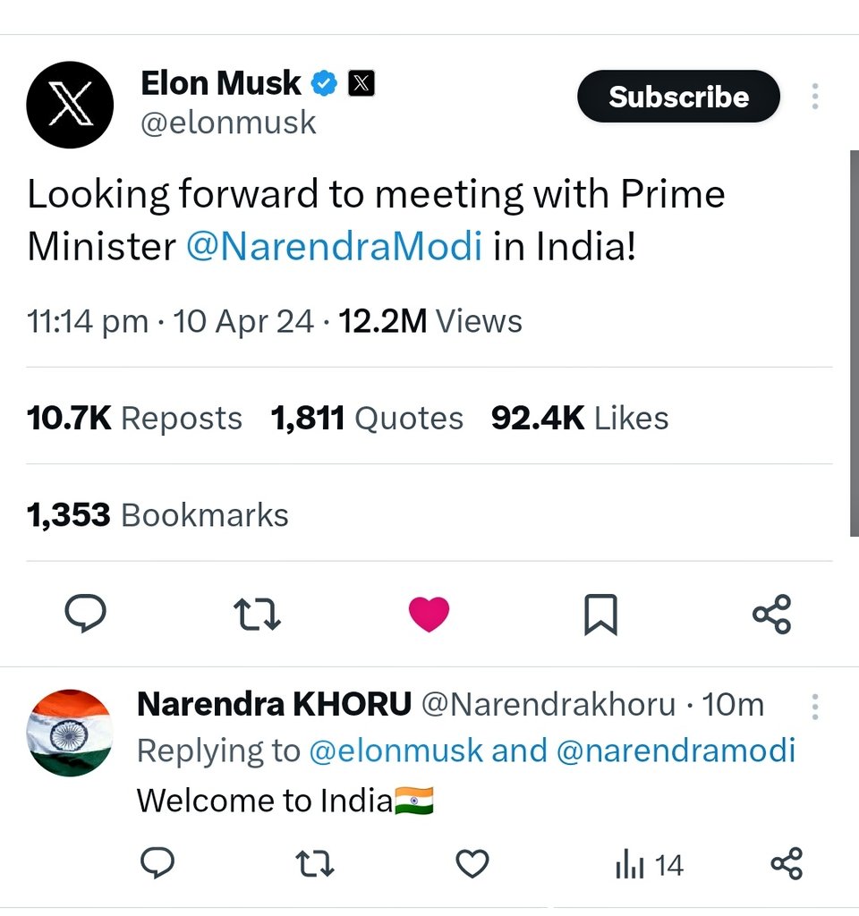Narendrakhoru's tweet photo. Welcome to India
@elonmusk @narendramodi 
#ElonMusk #India #NarendraModi 
#Narendrakhoru https://t.co/VSEBHdOrpp