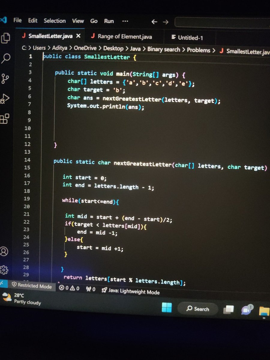 Dcode010's tweet image. Day 16 of Dsa.
Topic : Binary search
Problem solved
1. To find smallest letter greater then target element in an array.
2. To find the range of an element in sorted array.
3.Position of an element in an infinite array.
#DSA
#LearnInPublic
#SoftwareDevelopment #letsconnect