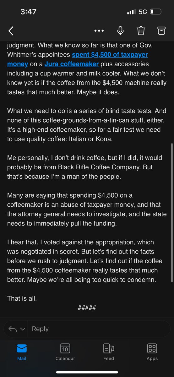 Inbox: Since reporting by @detroitnews reporter @DNBethLeBlanc on a $20 million business accelerator grant that was used to purchase a $4,500 coffeemaker, several Republican House members have issued calls to the MEDC for accountability. Rep. Steve Carra called for a taste test.