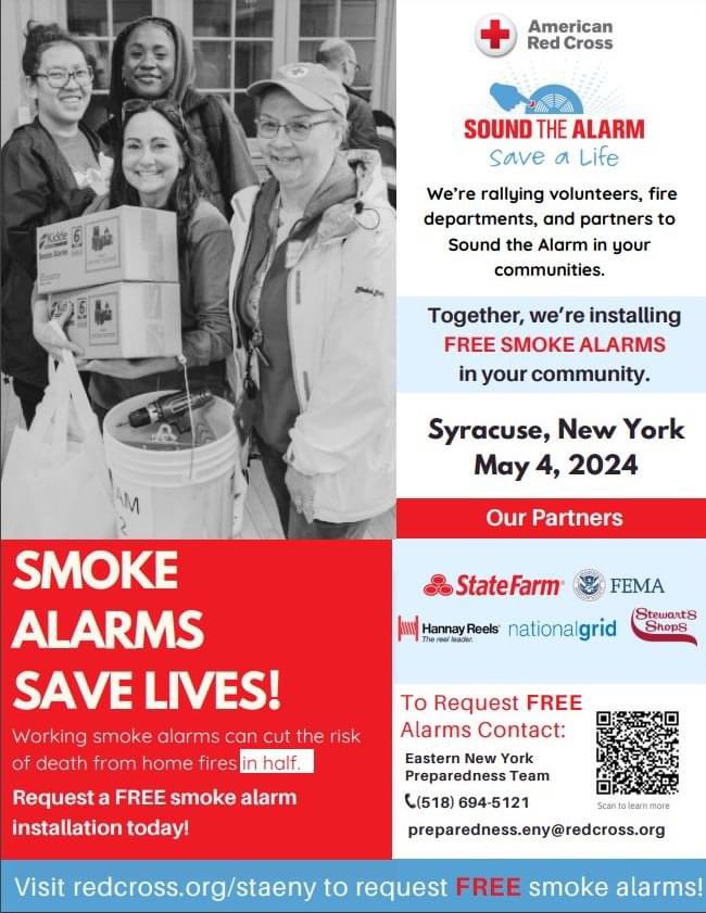 🚨SOUND THE ALARM🚨 The Red Cross will be installing free smoke alarms at homes in the City of Syracuse on Saturday, May 4th. Working smoke alarms can cut the risk of death from home fires in half. Visit redcross.org/staeny to request a free smoke alarm.