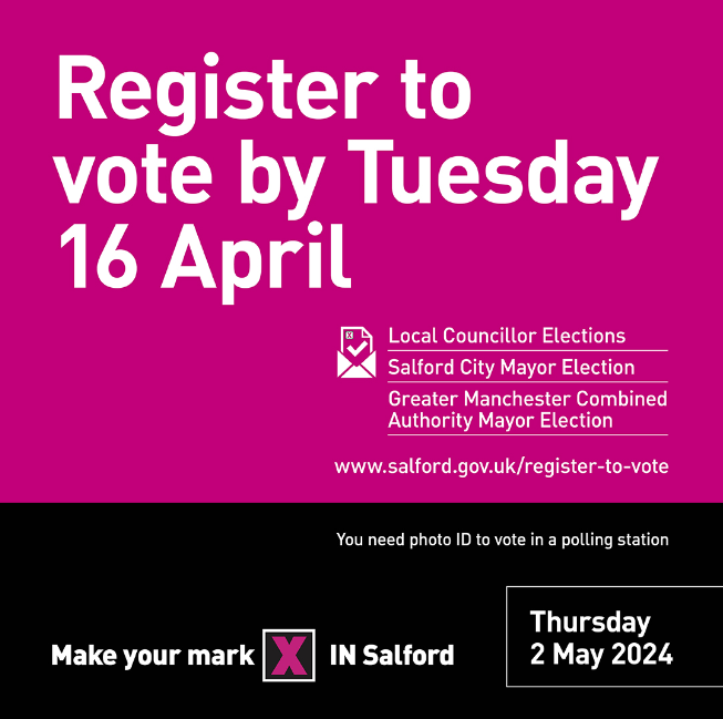 Five minutes & your National Insurance Number is all it takes to #registertovote and have your say in May in the mayoral & local elections. Sign up by Tuesday 16 April. Find out more on Salford.gov.uk #LocalElections #GMElects