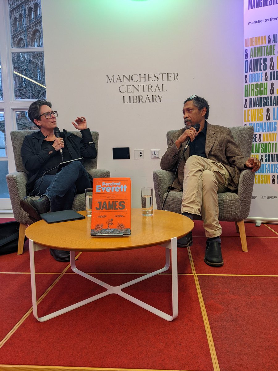 Absolutely fantastic talk tonight at @MancLibraries for @McrLitFest:  #PercivalEverett talking with @EricaWgnr about his stunning new novel, JAMES. Bookselling by the ever fabulous @BlackwellsMcr. One of my absolute favourite authors, I can't recommend Everett's work enough