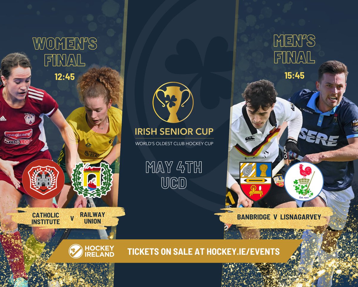 🚨 Irish Senior Cup Finals - Tickets Now on Sale 🚨 May 4, 2024 UCD Belfield Water, Dublin Women's Final: 12:45pm - Catholic Institute V Railway Union Men's Final: 15:45pm - Banbridge V Lisnagarvey Tickets on sale on hockey.ie or click on the link in the bio.