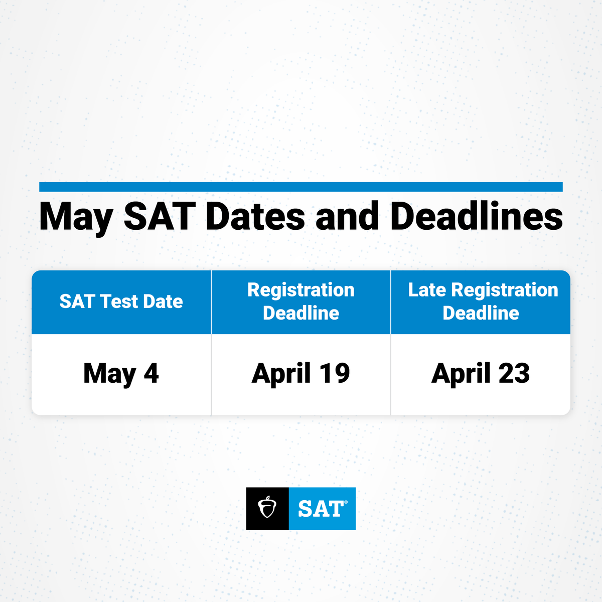 The May #DigitalSAT is coming soon. U.S. and international students, secure your spot by April 19. 💻 Additional seating capacity is now available for California and Washington students. Learn more. spr.ly/6019wYDVB