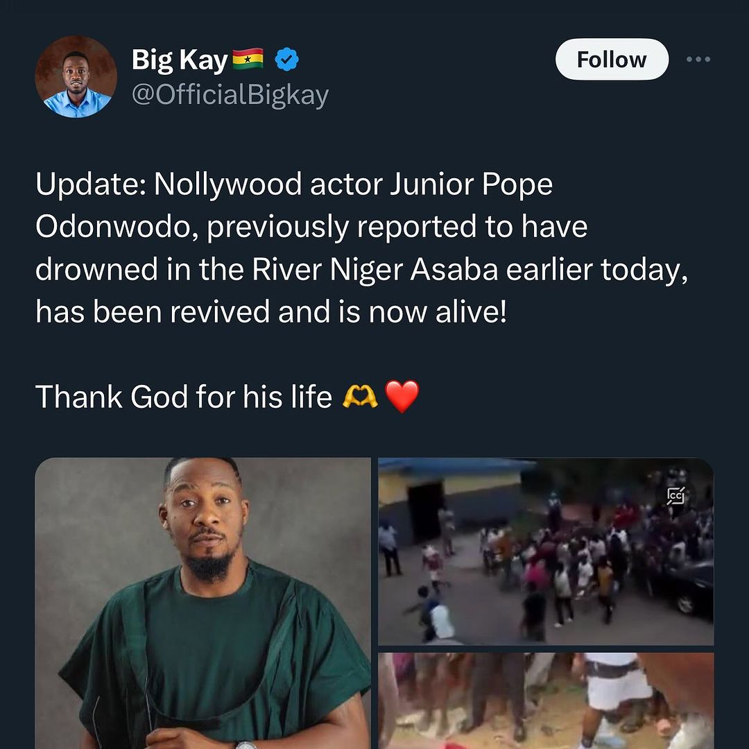 Update: Nollywood star Junior Pope Odonwodo (@jnrpope ), who was earlier today said to have drowned in the River Niger in Asaba, has been found but alive

We thank God he's alive 🙌🏻👏🙏🏻

#kobbyjosvan #thenationsblogger #nollywood #jnrpope