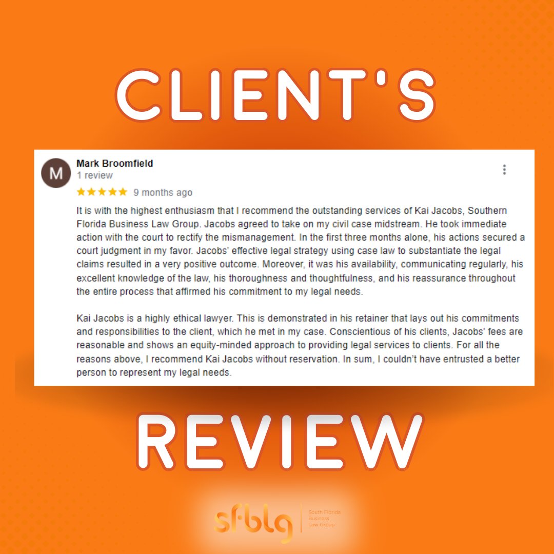 🌟 Thank you for trusting South Florida Business Law Group to handle your legal matters with expertise and care. Your success is our priority. 

#ClientReview #SatisfiedCustomer #SouthFloridaBusinessLaw