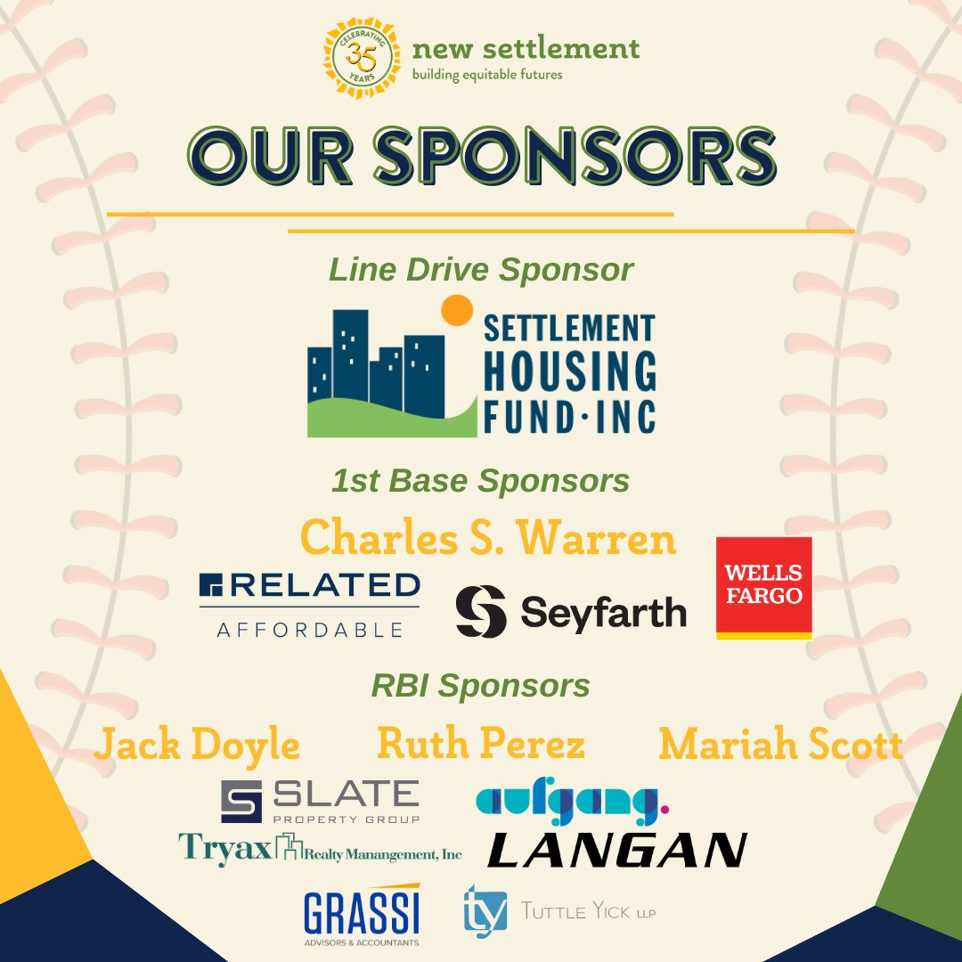 Shoutout to our community-centric sponsors! Thanks to your generous investments, New Settlement's 2024 Spring Benefit is set to be a game-changer. Thank you for your partnership and we'll see you at the ballpark! #NewSettlementSupport #BronxCommunity