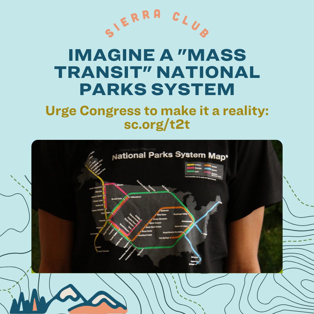 Our National Parks Transit System Map tee is a great way to celebrate during National Park Week (April 20-28) or anytime! Another great way to celebrate is to urge Congress to cosponsor 'Transit to Trails', an act to increase access to nature! -> act.sierraclub.org/actions/Nation…