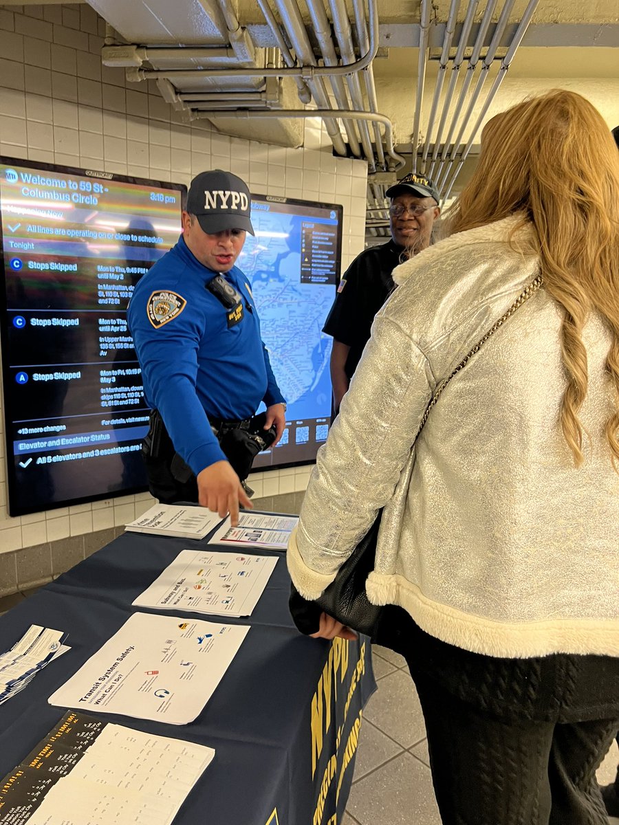 Stay safe on the subway! 🚇 Our Crime Prevention Officer and Auxiliary Coordinator are out at Columbus Circle Station, offering valuable safety tips and handing out fliers. Swing by, grab some info, and ensure your commute is secure! #SubwaySafety #CommunityFirst