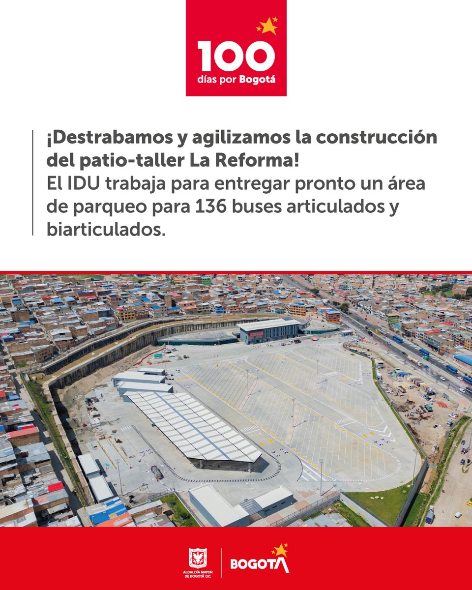 ¡El avance del patio-taller La Reforma para @TransMilenio fue un gran logro en estos #100DíasPorBogotá! Será un espacio para 92 buses articulados y 44 biarticulados que mejorarán la movilidad de 250 000 personas de Usme. ¡El IDU trabaja en esta gran obra!