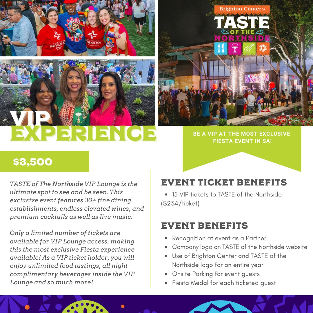 Time is running out to secure your VIP Experience for a culinary fiesta at Taste of the Northside! 📅 Save the date: Thursday, April 18, 2024 🕓 Time: 6 PM to 11 PM 📍 Contact us to secure your tickets today! events@brightonsa.org