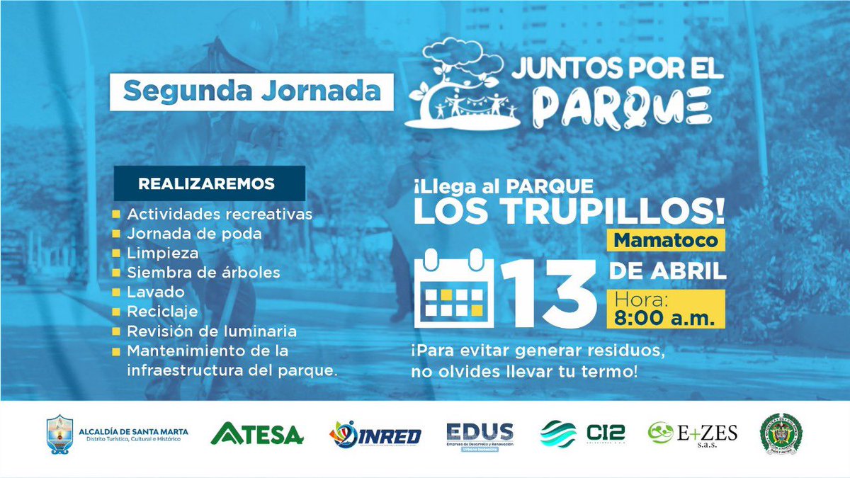 🌳 ¡Atención Mamatoco! 🌳¡Te invitamos a la Segunda Jornada Juntos por el Parque! Este 13 de abril, nos reuniremos en el Parque Los Trupillos a las 8:00 a.m. para realizar actividades de limpieza y mejoramiento del Parque. ¡No olvides llevar tu termo de agua para no generar…