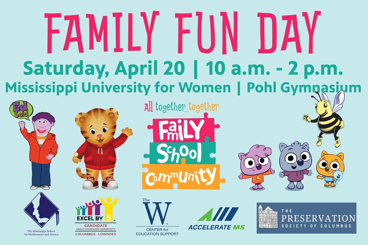 Family Fun Day is a special day for all ages! Bring your entire family to The Pohl Gymnasium at The Mississippi University for Women April 20 to enjoy a petting zoo, games, learning activities, art projects and more at this fun, free event. Register online givebutter.com/1935I1