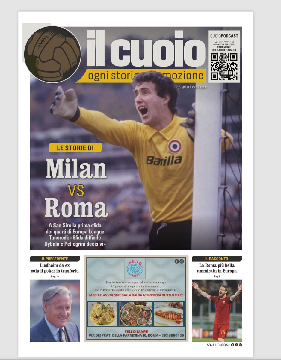 In occasione di #MilanRoma di #EuropaLeague, l'inserto #Ilcuoio del #CorrieredelloSport vi porta dentro la sfida. Io vi racconto lo 0-4 del novembre '79 in Coppa Italia e, in occasione del suo compleanno, #EzioSella. #Edipress