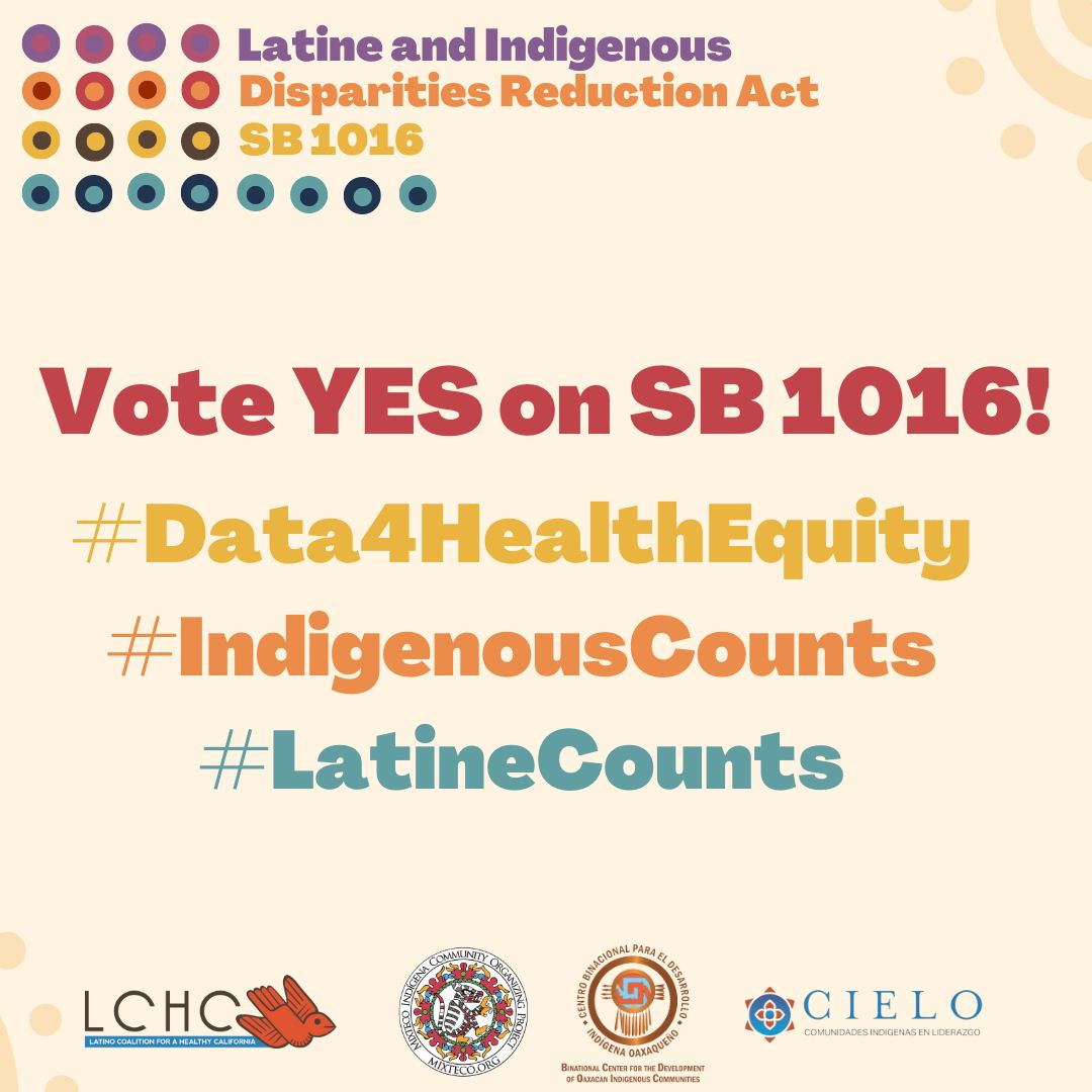 LCHC_CA's tweet photo. Over 60 Organizations support the Latine and Indigenous Disparities Reduction Act!
Senate Health Committee, we need #SB1016 to ensure our communities EXIST in California data!
#LatineMatters #IndigenousMatters
#Data4HealthEquity https://t.co/Z0VOoGyJNT