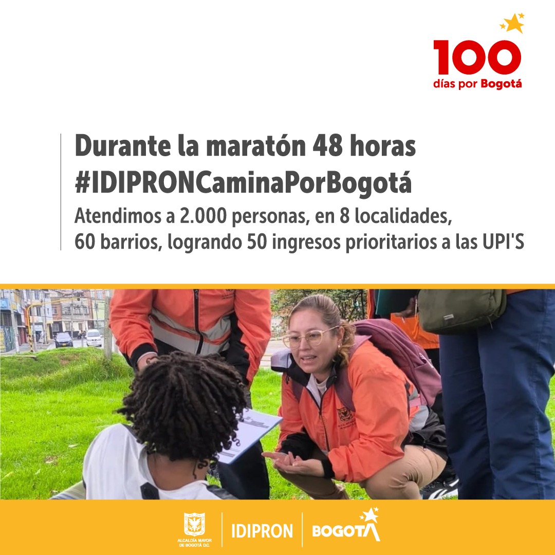 Estamos #UnidosPorBogotá , durante nuestra Maratón de 48 horas ininterrumpidas, llegamos a 8 localidades, 60 barrios y 2.000 personas en vulnerabilidad social, logrando así 50 ingresos prioritarios a nuestras Unidades de Protección Integral. #100DíasPorBogotá