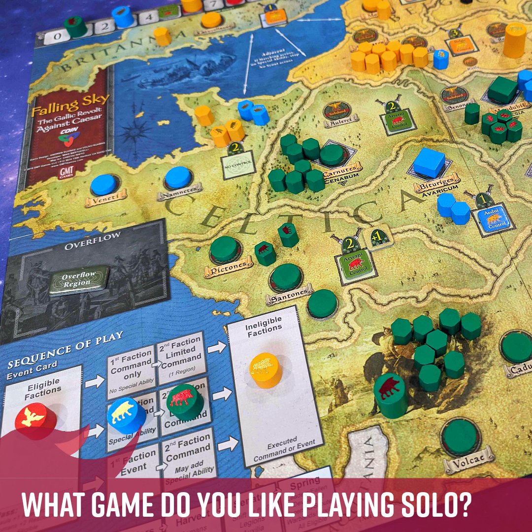 What games do you enjoy playing solo, whether they be specifically for solo or you prefer it to the multiplayer experience? Def is enamored with the COIN series, and in this image is playing Falling Sky - The Gallic Revolt Against Caesar by @gmtgames . Tell us your solo faves!