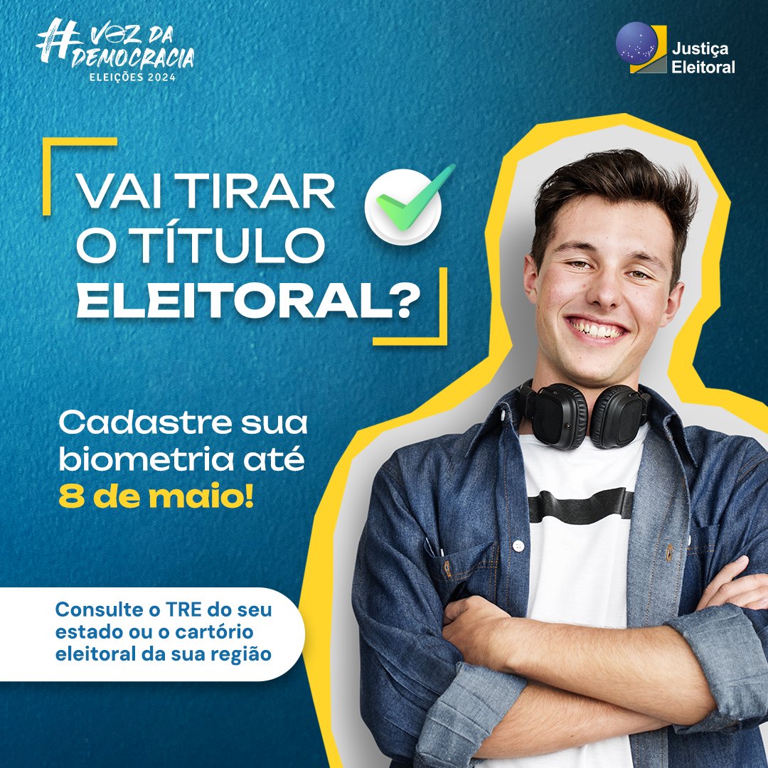 Quem vai tirar o primeiro título precisa também cadastrar a biometria na #JustiçaEleitoral! Pra isso, procure o cartório eleitoral mais próximo até 8 de maio e garanta a sua participação nas #Eleições2024 😉#TítuloNaMão #VozDaDemocracia