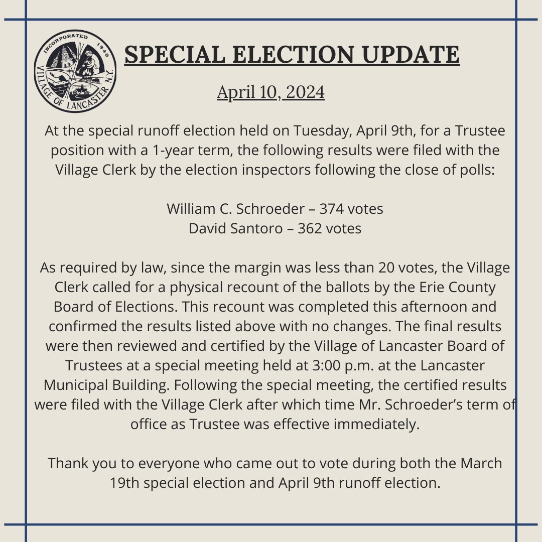 Please see the below runoff election results:

lancastervillageny.gov/special-electi…