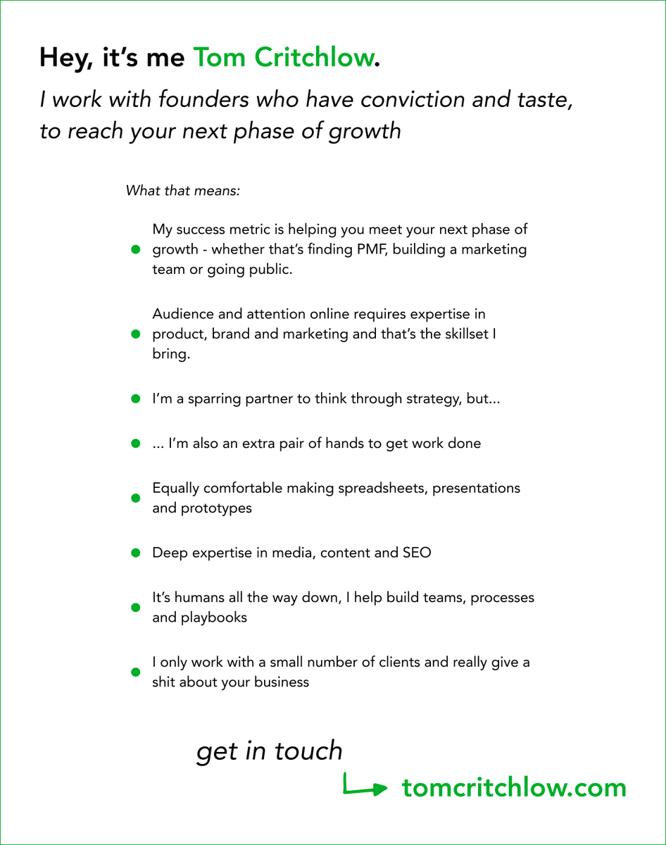 tomcritchlow's tweet image. Got a little space for new advisory clients. Wanna hang?
What I do:
