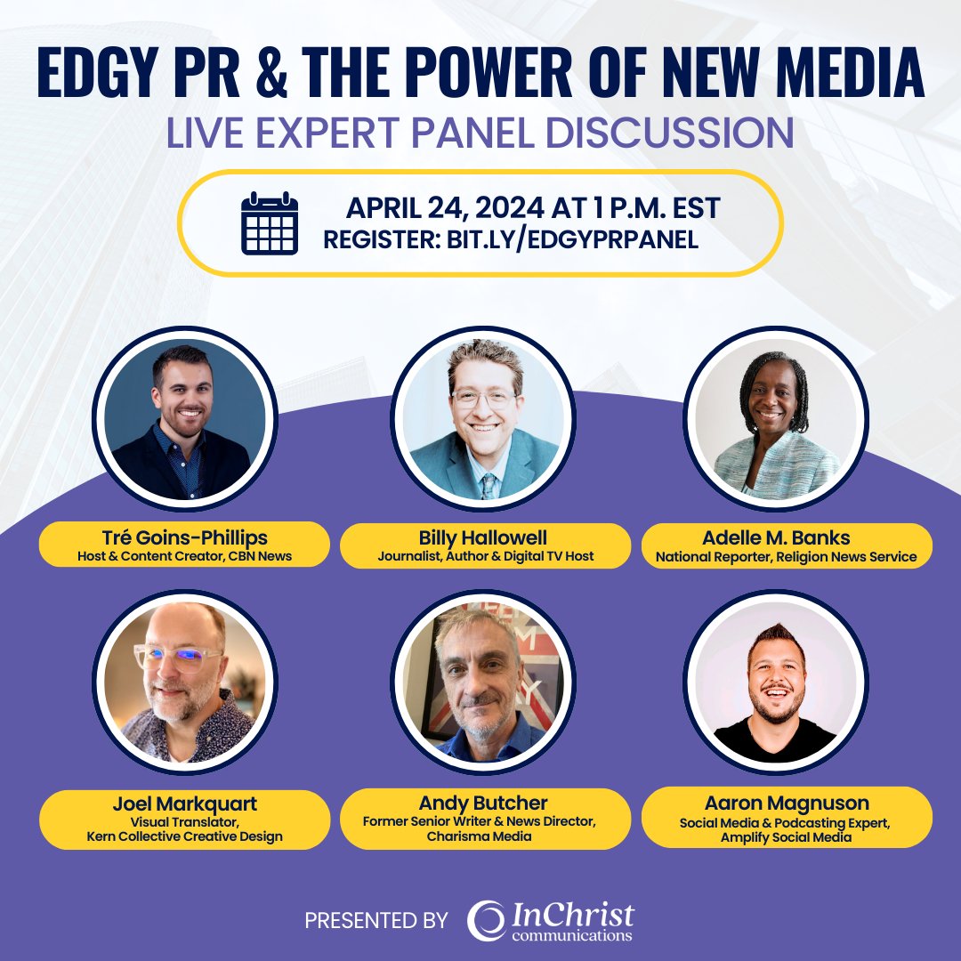 InChristComm's tweet image. You’re invited:ICC EDGY PR &amp;amp; THE POWER OF NEW MEDIA expert panel discussion (FREE!)

We’ve got a rockstar line-up of industry experts eager to share their goldmine of knowledge with you.

Register now for FREE and launch your media success into orbit.

us02web.zoom.us/postattendee?m…