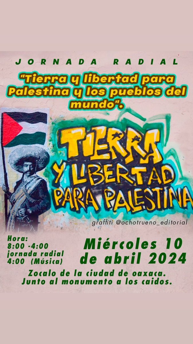 RadioTlayuda's tweet photo. Pueden seguir la Jornada Radial 'Tierra y Libertad para #Palestina' por el 92.3 fm en la cd de #Oaxaca o por internet en https://t.co/Qv32ljoxY9… #PalestinaLibre https://t.co/MsltGaLiBl