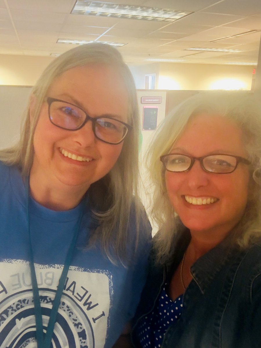 Terah and Kristine took a selfie today wearing blue at JFS! #wearblue4kids #ChildAbusePreventionMonth #ohiowearsblue2024