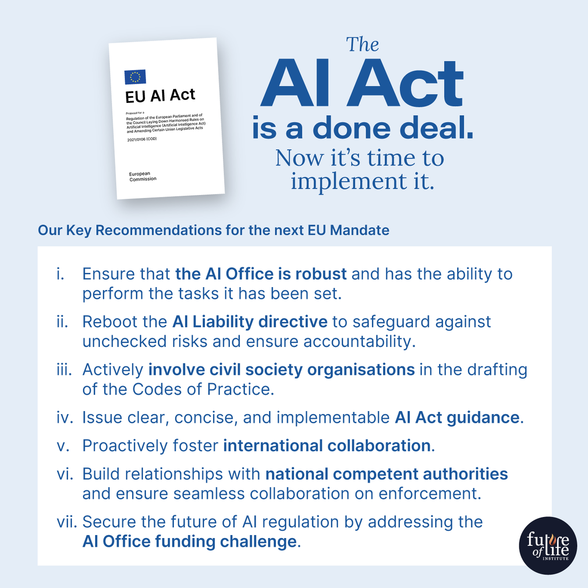 🆕🇪🇺 We've published our policy recommendations for the next @EU_Commission mandate.

Successful implementation of the EU AI Act is critical to mitigate the ongoing harms & catastrophic risks presented by AI, whilst supporting European innovation.

Read them in full below 🔗⬇️