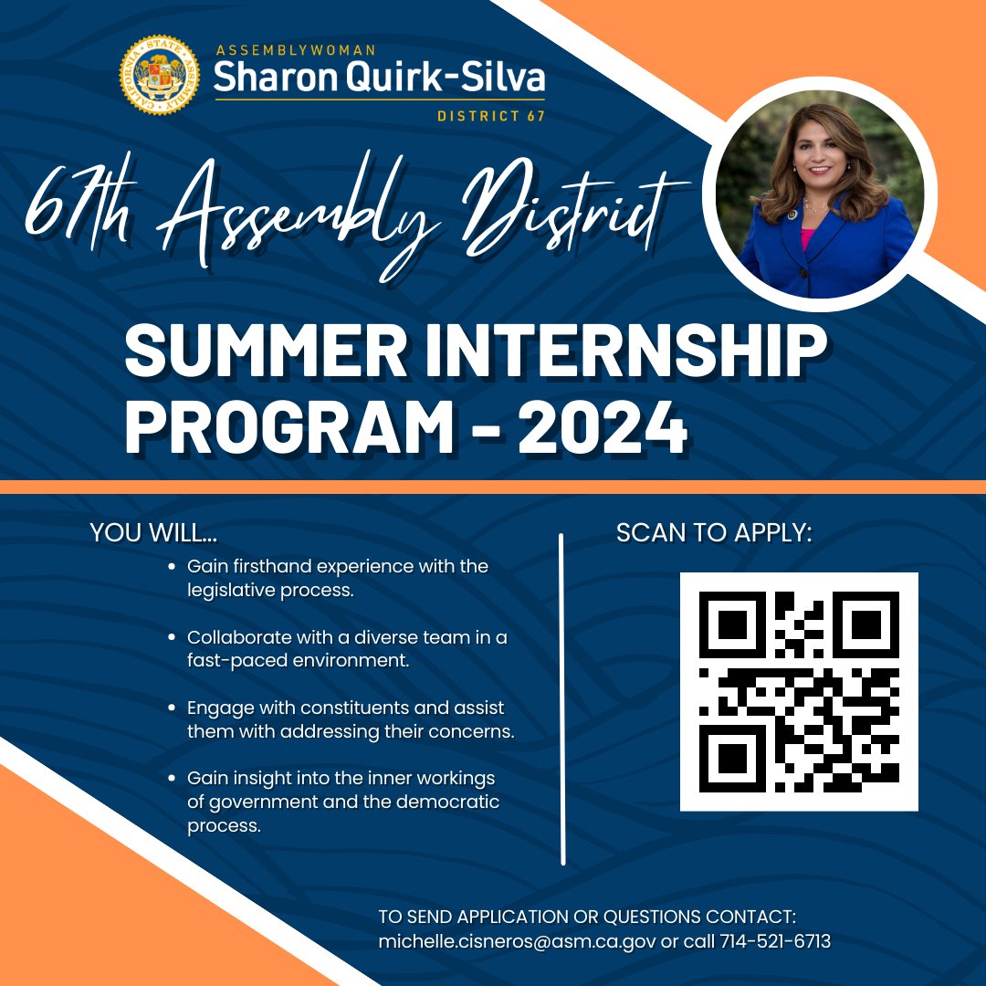 Ready to make a difference? Join the 67th Assembly District Summer Internship Program! Gain hands-on experience, network with professionals, and create positive change in your community. Apply now! #caleg #ad67 #Internship