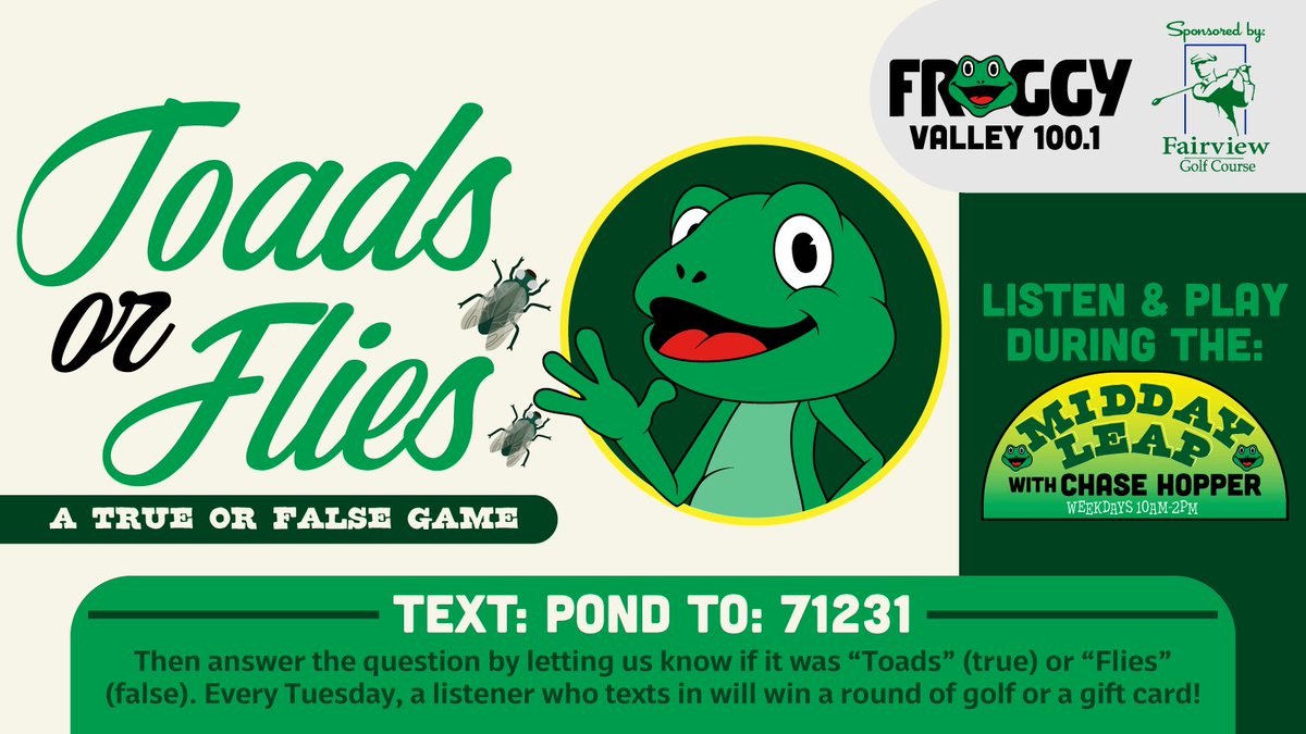 It is a Toads or Flies Tuesday brought to you by @Fairviewgc here in Lebanon! Text the word 'pond' to 71231! To book a tee time check out fairview.distinctgolf.com! 🐸🏌️