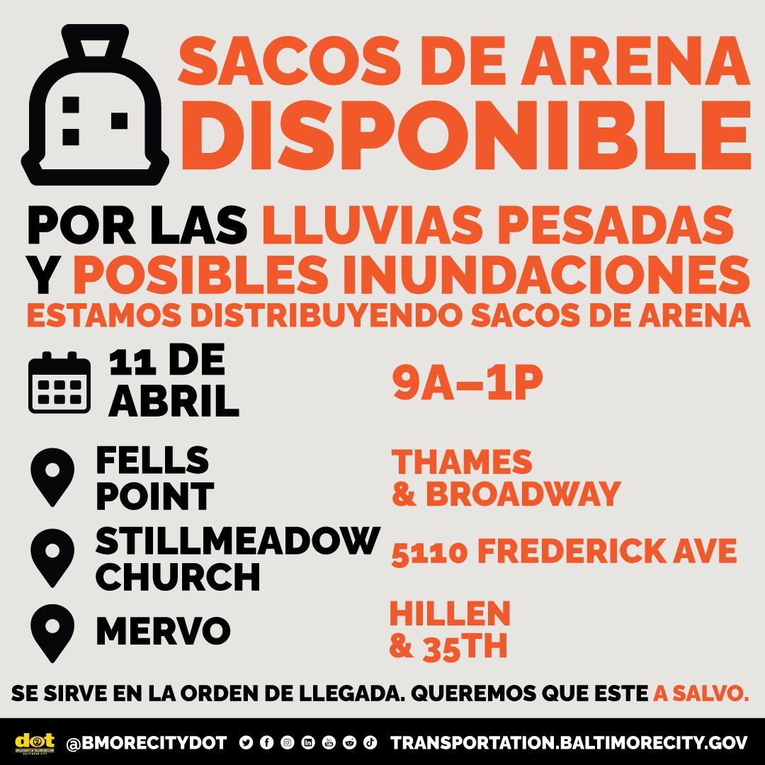 Debido a las fuertes lluvias y posibles inundaciones que se esperan el jueves y viernes de esta semana, el DOT de la ciudad de Baltimore volverá a proporcionar sacos de arena gratuitos mañana, 11 de abril de 2024, de 9:00 a. m. a 1:00 p. m. en los siguientes lugares: