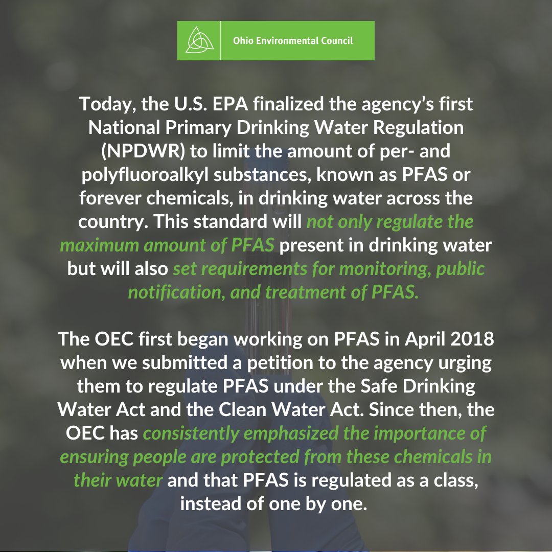 Ohioans should not have to worry about drinking PFAS-contaminated water when they go to the tap. We commend the U.S. EPA & the Biden-Harris administration for establishing this historic rule to limit forever chemicals in our drinking water systems. theoec.org/oec-celebrates…