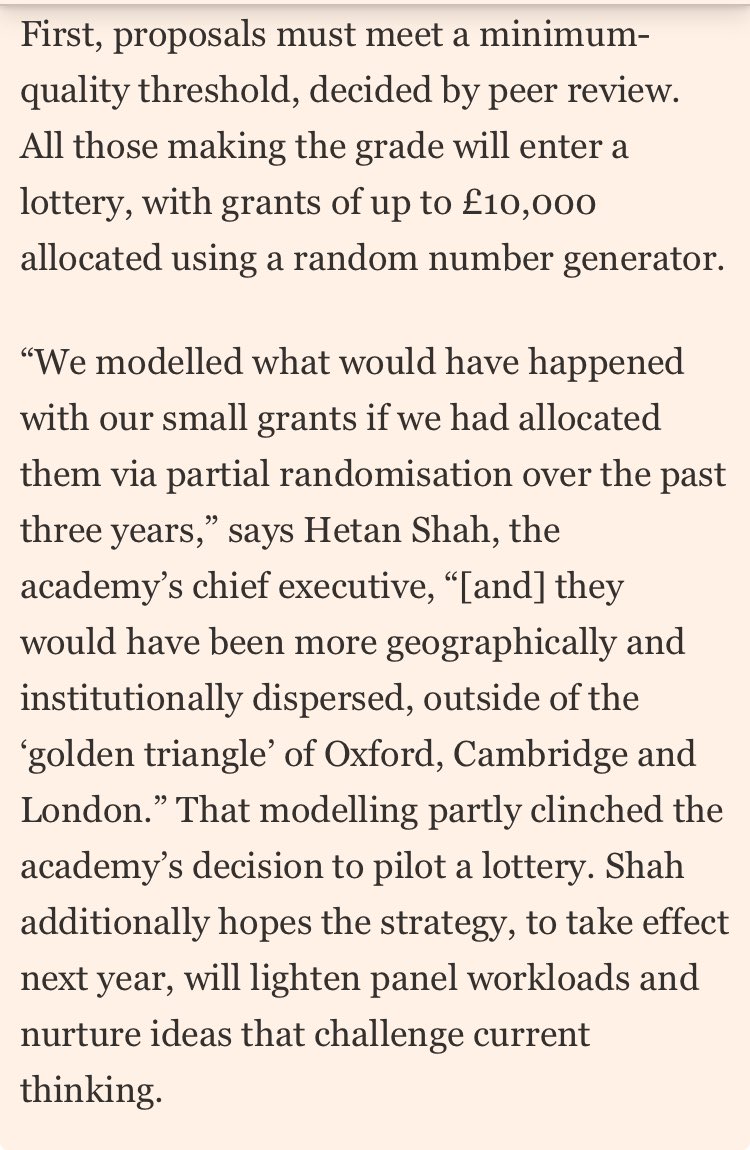 @Nature Also see this great piece by @anjahuja which gives more of the rationale for why we are trialling partial randomisation for our small grants scheme. Making research funding a lottery could help tackle ‘status bias’. on.ft.com/3D7b4oX