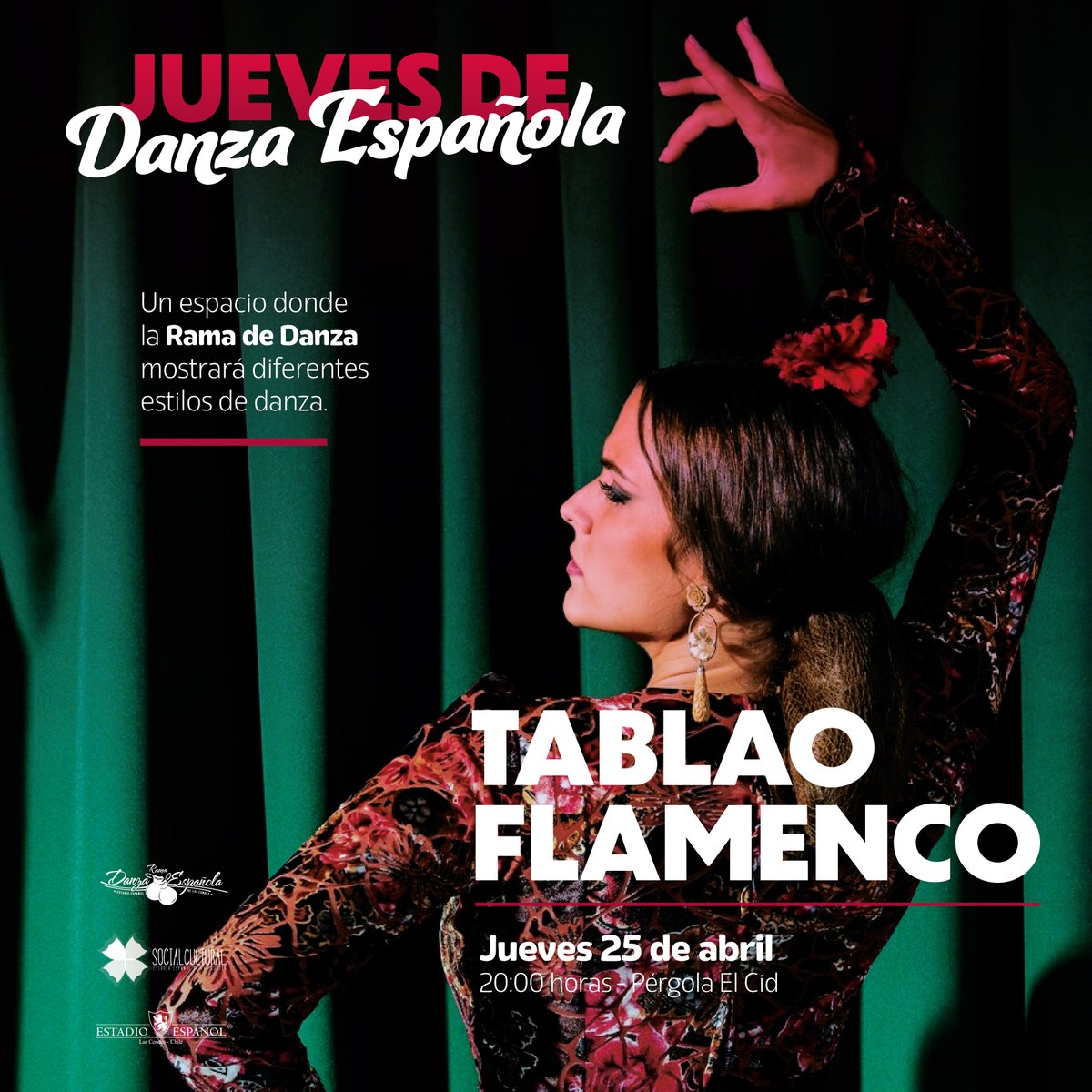 🌹💃 Vive la pasión del flamenco en los Jueves de Danza Española. La Rama de Danza Española de Estadio Español te invita a un emocionante Tablao Flamenco el próximo 25 de abril a las 20:00 horas en la Pérgola 'El Cid'. #EstadioEspañol #DanzaEspañola