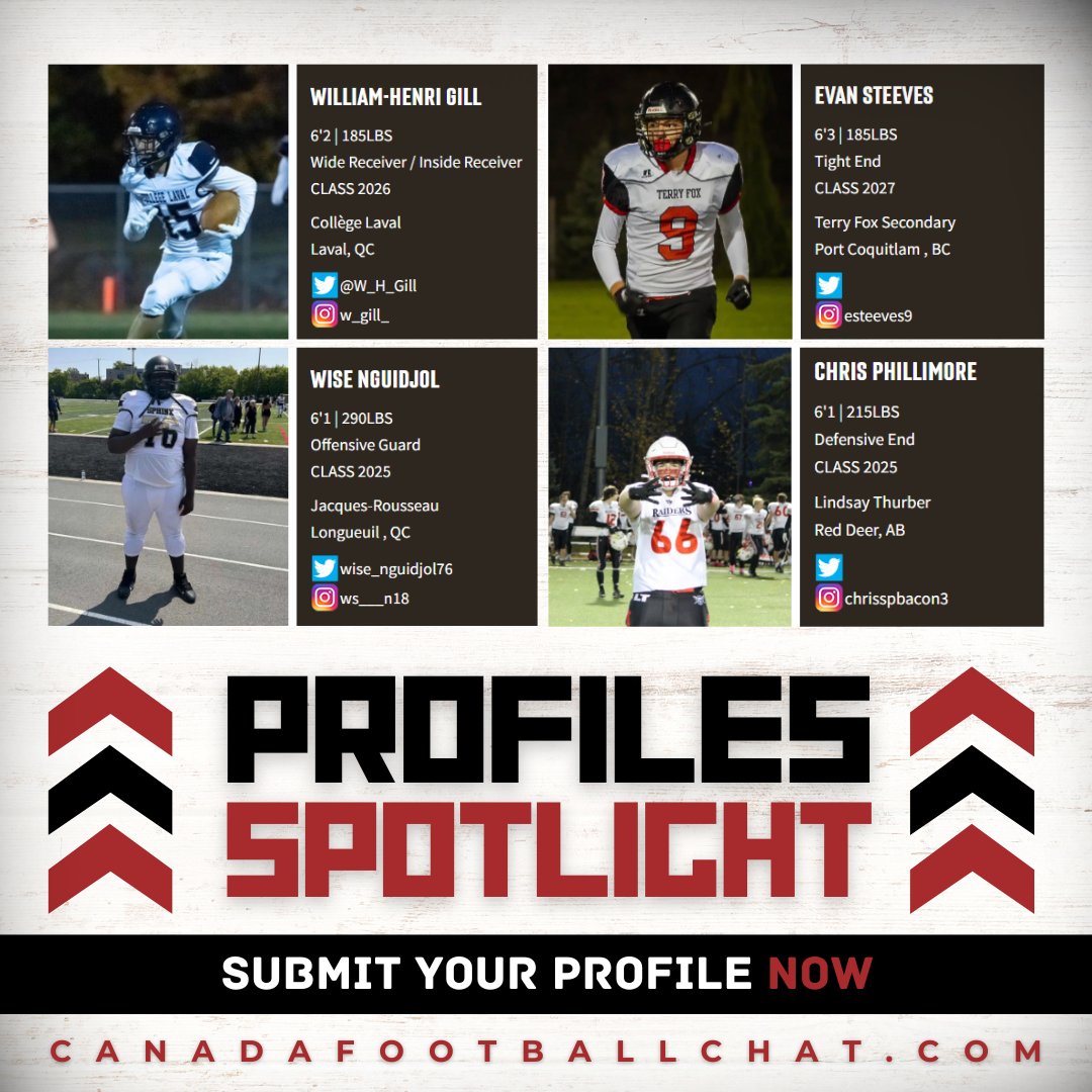 PROFILES SPOTLIGHT ⚡️ 👤 WR @W_H_Gill 👤 TE Evan Steeves 👤 OG @wise_nguidjol76 👤 DE Chris Phillimore Submit your prospect profile HERE ➡️ t.ly/4TajN Prospect Profile Search HERE 🔎 t.ly/uZOOf