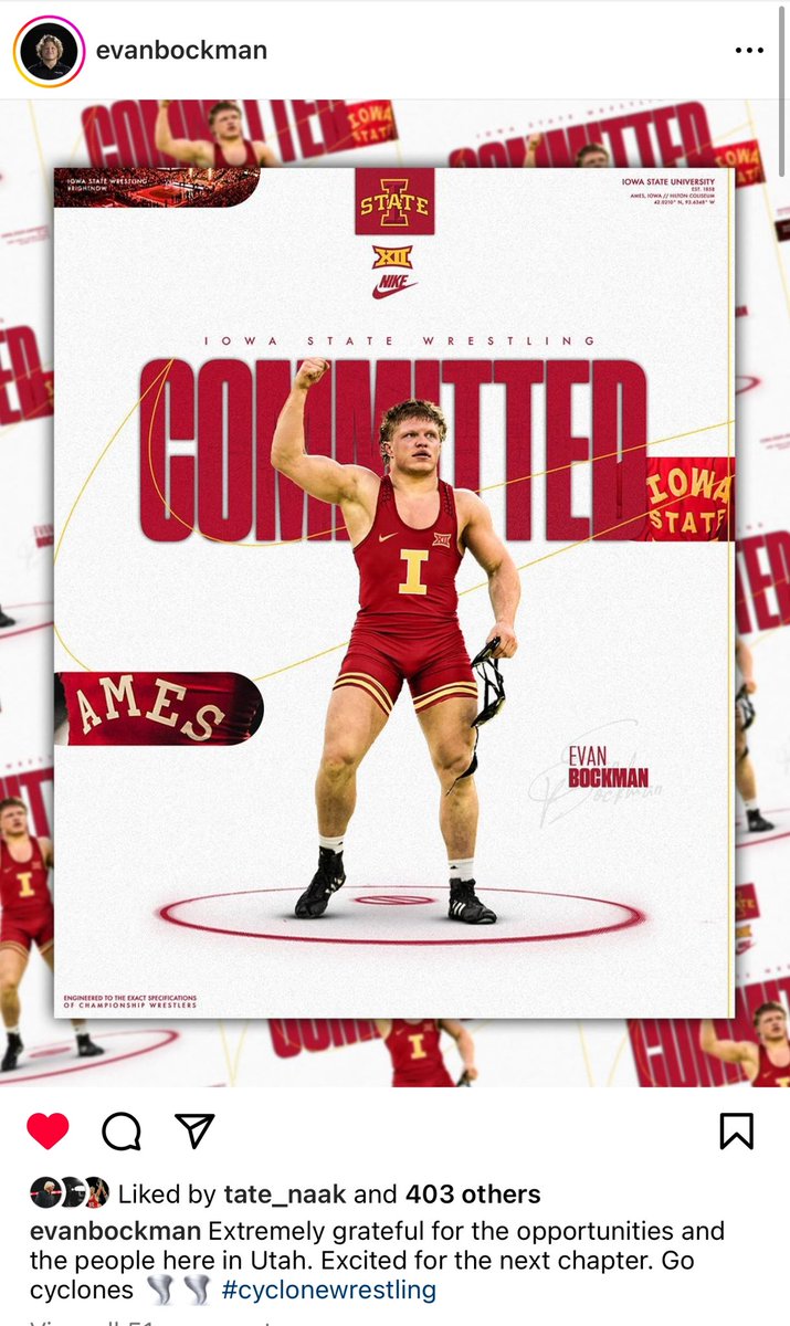 🚨 Iowa State lands Evan Bockman from Utah Valley. 3x NCAA Qualifier at 197 lbs 🌪️