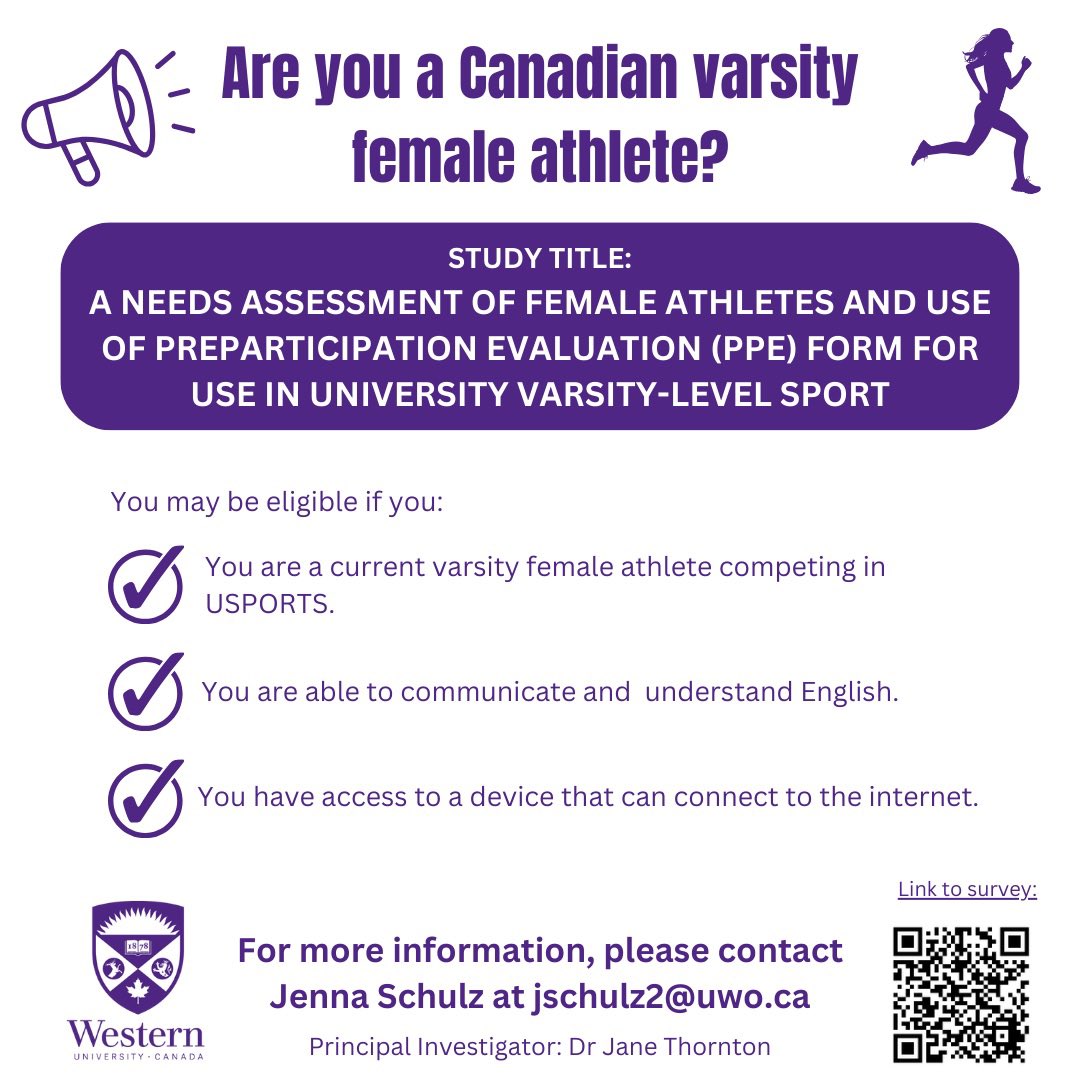 Calling all @USPORTSca female athletes! Our study is still recruiting. Please fill out this survey if you are eligible! uwo.eu.qualtrics.com/jfe/form/SV_0A… @OUAsport @CanadaWest @AUS_SUA @RSEQ1