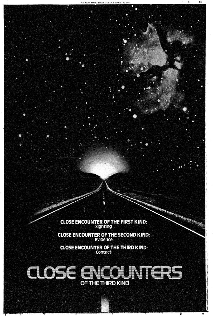 Two-page New York Times ad for CLOSE ENCOUNTERS OF THE THIRD KIND a little over seven months before release, 4/10/77