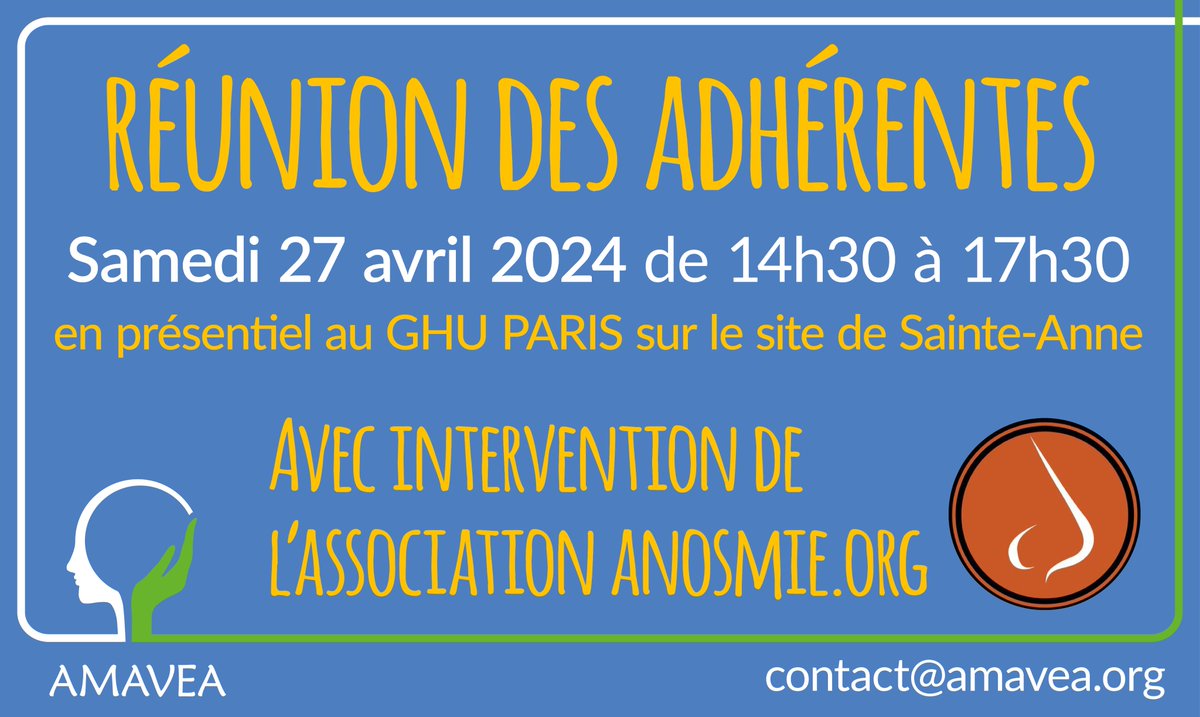 Samedi 27 avril à partir de 14h30, rencontre à l'ôpital Ste Anne, 1 rue Cabanis 75014 Paris 
- Claire MARTIN, spécialiste de l’olfaction
- Jean-Michel MAILLARD, président fondateur de l’association anosmie.org
Inscription souhaitée par mail : idf@amavea.org